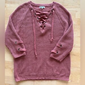 Oversized Chunky Knit Mauve Pink Lace Up Sweater
